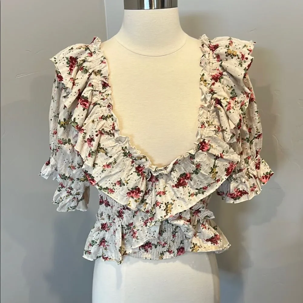 Free People Cream Ruffled Peplum Blouse